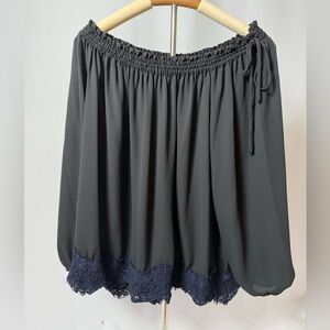 LOFT Black Blouse with Navy Lace Trim
